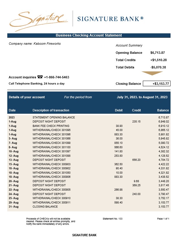 Modèle Word et PDF de relevé d'entreprise de Signature Bank